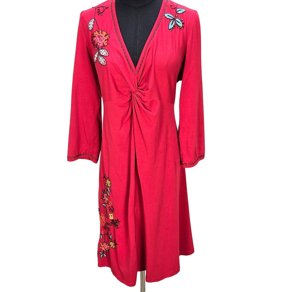 Women's Double D Ranch Large Red Embroidered Floral Twist Front Midi Dress